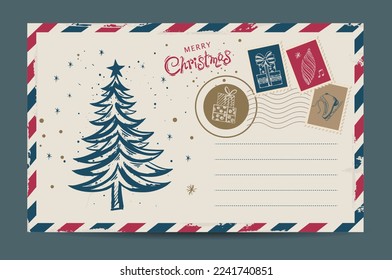 Correo de Navidad, postal, ilustración dibujada a mano.