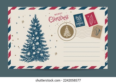 Christmas mail, postcard, hand drawn illustration.