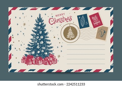 Christmas mail, postcard, hand drawn illustration.