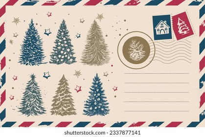 Christmas mail, postcard, hand drawn illustration.