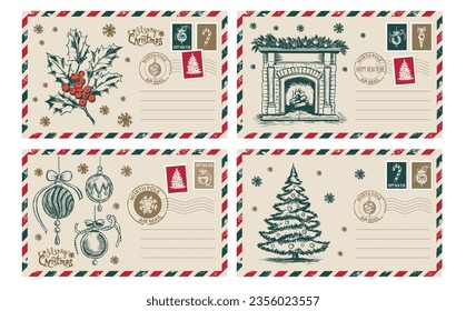 Christmas mail, postcard, hand drawn illustration.	
