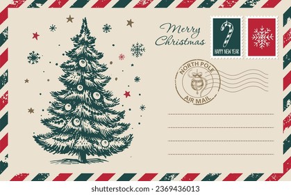 Christmas mail, postcard, hand drawn illustration.	