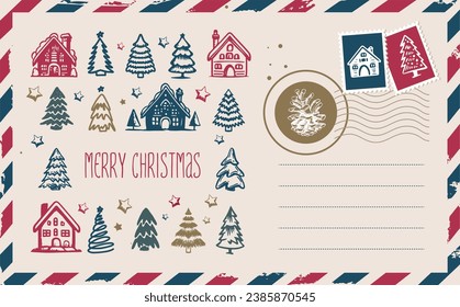 Christmas mail, postcard, hand drawn illustration.