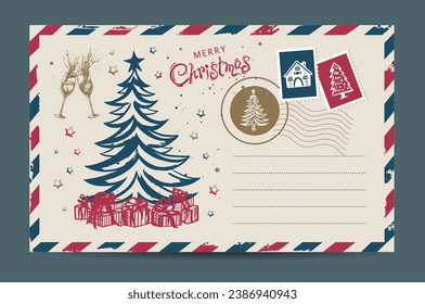 Correo de Navidad, postal, ilustración dibujada a mano.