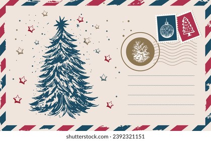 Christmas mail, postcard, hand drawn illustration.