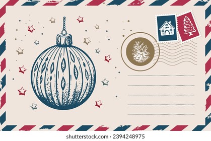 Christmas mail, postcard, hand drawn illustration.