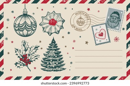 Christmas mail, postcard, hand drawn illustration.	