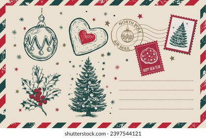 Christmas mail, postcard, hand drawn illustration.