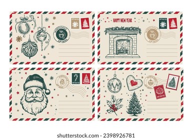 Christmas mail, postcard, hand drawn illustration	