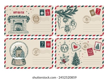 Christmas mail, postcard, hand drawn illustration.	