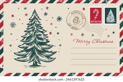 Navidades de correo, postal, ilustración dibujada a mano.	