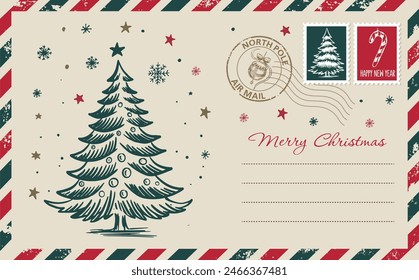 Christmas mail, postcard, hand drawn illustration.	