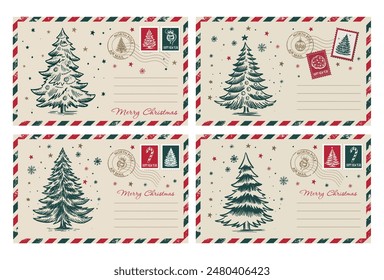 Christmas mail, postcard, hand drawn illustration.	