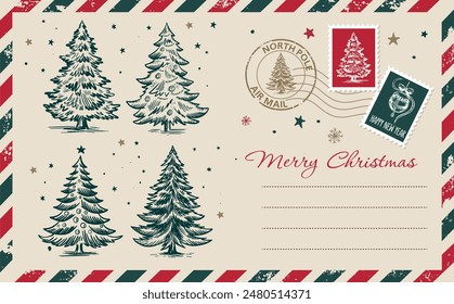 Christmas mail, postcard, hand drawn illustration.	