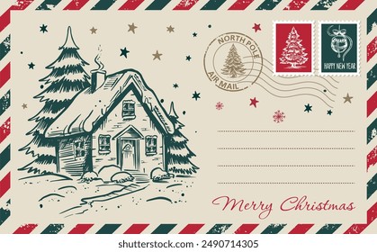 Christmas mail, postcard, hand drawn illustration.