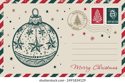 Christmas mail, postcard, hand drawn illustration.