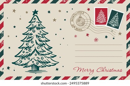 Christmas mail, postcard, hand drawn illustration.	