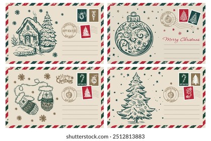 Navidades de correo, postal, ilustración dibujada a mano.	