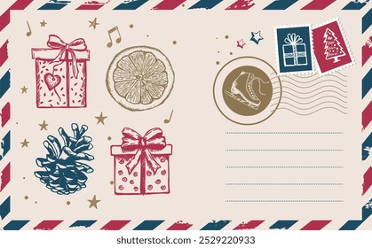 Christmas mail, postcard, hand drawn illustration.	