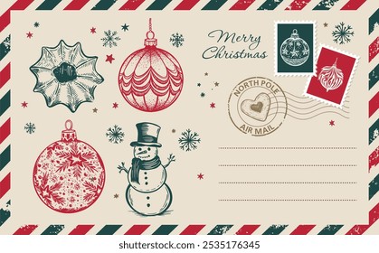 Christmas mail, postcard, hand drawn illustration.	