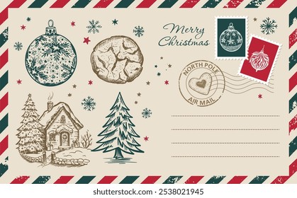 Christmas mail, postcard, hand drawn illustration.	