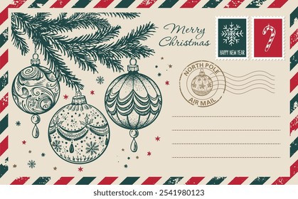 Correio de Natal, cartão postal, ilustração desenhada à mão.