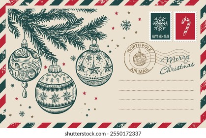 Christmas mail, postcard, hand drawn illustration.	