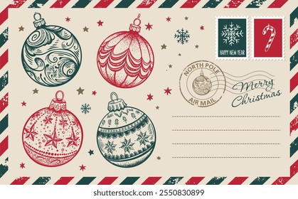 Navidades de correo, postal, ilustración dibujada a mano.