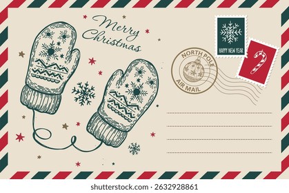 Christmas mail, postcard, hand drawn illustration.	