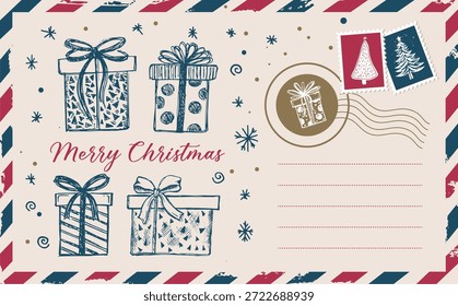 Christmas mail, postcard, hand drawn illustration.