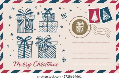 Navidades de correo, postal, ilustración dibujada a mano.	