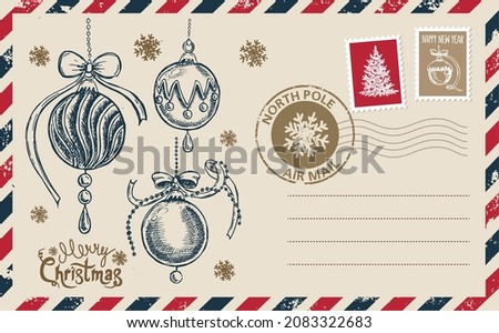 Christmas mail, postcard, hand drawn illustration.
