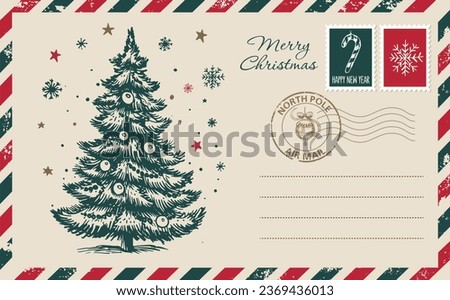 Christmas mail, postcard, hand drawn illustration.	
