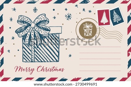 Christmas mail, postcard, hand drawn illustration.