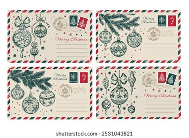 Christmas mail, postcard set, hand drawn illustration.	