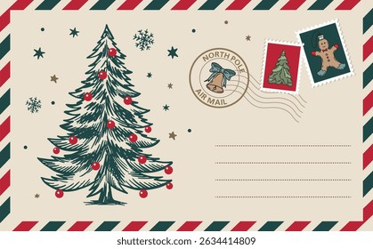 Christmas mail, Postcard with tree, letter, hand drawn illustration.	