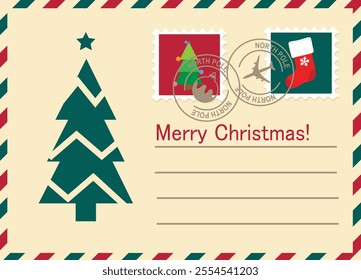 Christmas mail postcard with christmas tree. Merry Christmas. Vector