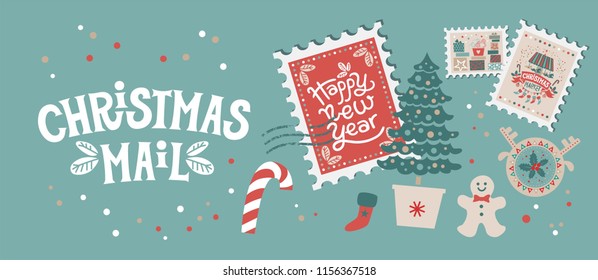 Christmas mail set with Christmas elements on stamps. Merry Christmas and happy New year emblem, sign. Carousel with horses, garlands, gifts, trees, socks, masks. For tags, label, poster, postcard