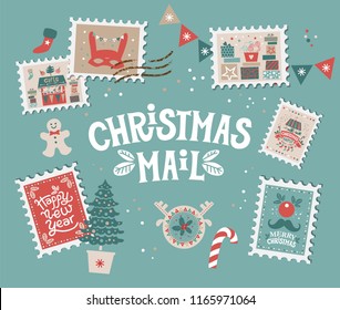 Christmas mail set with Christmas elements on stamps. Merry Christmas and happy New year emblem, sign. Carousel with horses, garlands, gifts, Christmas trees, socks. For tags, label, poster, postcard