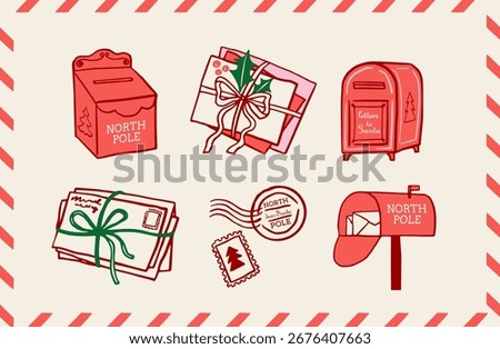 Christmas Mail set of Illustrations - Holiday Letters to Santa, North Pole Mailbox, Festive Postcards and Envelopes. Hand Drawn Vintage Style vector elements. Perfect for Christmas cards, festive