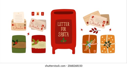 Christmas mail set. Postal items to Santa Claus. Congratulatory letters, parcel post, gifts, mailbox. Vector illustration in cartoon flat style.