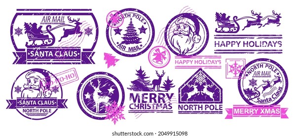 Christmas mail stamp set, vector Santa Claus postage letter sign, North Pole vintage design label. Holiday x-mas card print, reindeer silhouette, winter season delivery symbol kit. Christmas ink stamp