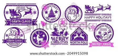 Christmas mail stamp set, vector Santa Claus postage letter sign, North Pole vintage design label. Holiday x-mas card print, reindeer silhouette, winter season delivery symbol kit. Christmas ink stamp