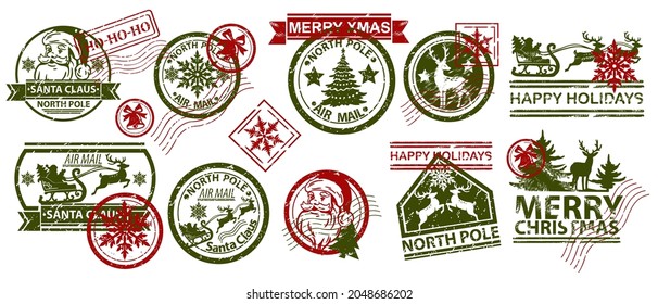 Christmas mail stamp vector illustration set, Santa Claus vintage postmark design, holiday winter mail. New Year grunge postal label, holiday snowflake card, reindeer silhouette. Christmas stamp tag