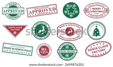 Christmas mail stamp vector illustration set. Santa Claus vintage postmark design, holiday winter mail. Xmas winter holiday festive postal tag for correspondence. New Year grunge postal label. 