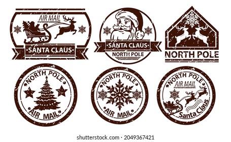 Christmas mail stamp, vector Santa Claus postage, north pole vintage postal sign isolated on white. X-mas grunge postcard label, holiday correspondence print, reindeer silhouette. Christmas ink stamp