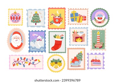 Christmas mail stamps set. New Year stickers on envelopes with festive Christmas illustrations. Hand drawn vector illustration.
