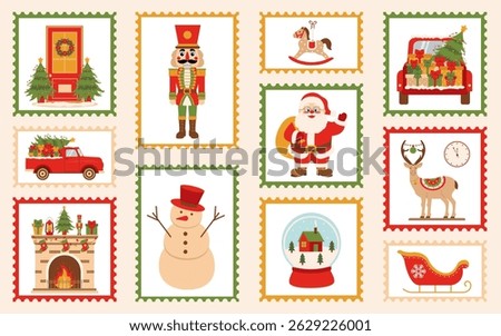 Christmas mail stamps set. Christmas postage stamps. Christmas stickers on envelopes with Christmas illustrations.