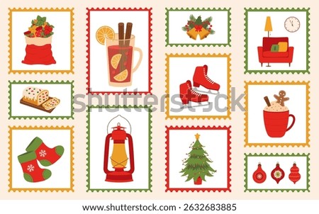 Christmas mail stamps set. Christmas postage stamps. Christmas stickers on envelopes with Christmas illustrations.