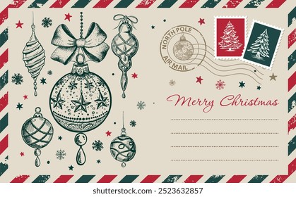 Christmas mail with toy, postcard, hand drawn illustration.	